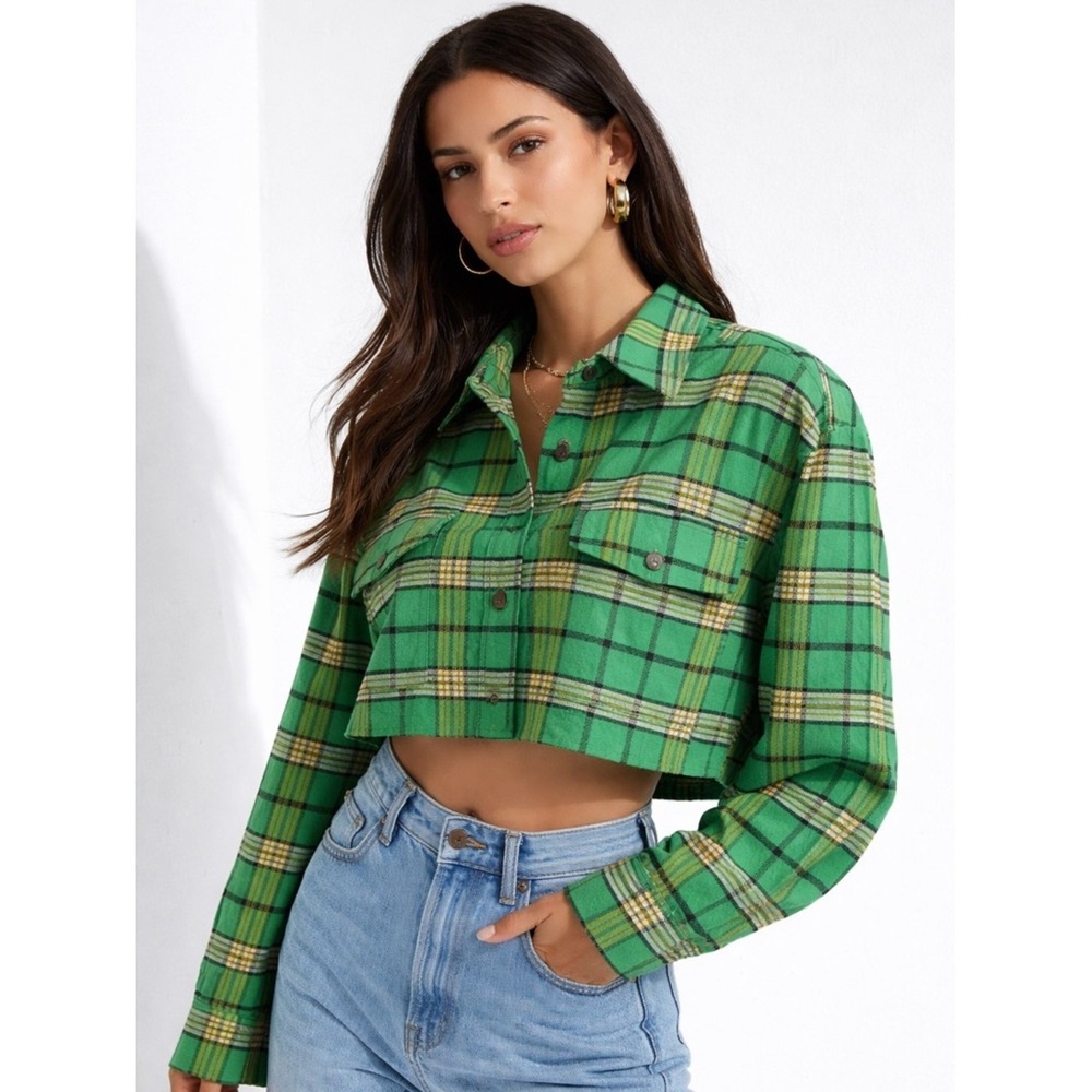 Good American Cropped Tartan Shirt‎ Jacket Green Black Plaid Flannel Size 5 XXL